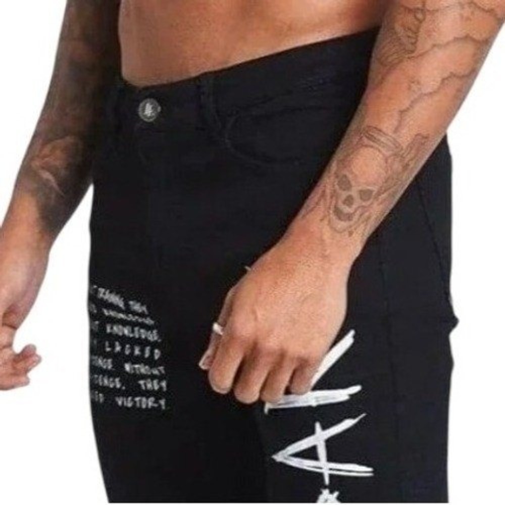 30 Legend London Mens Skinny Fit Jeans Shorts Graffiti Black Distressed cutoff